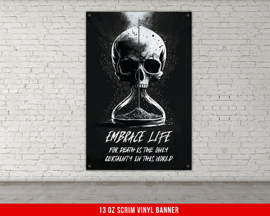 Embrace Life Banner - Home Gym Decor - Large Motivational Quote Wall Art - Weightlifting - Memento Mori Skull