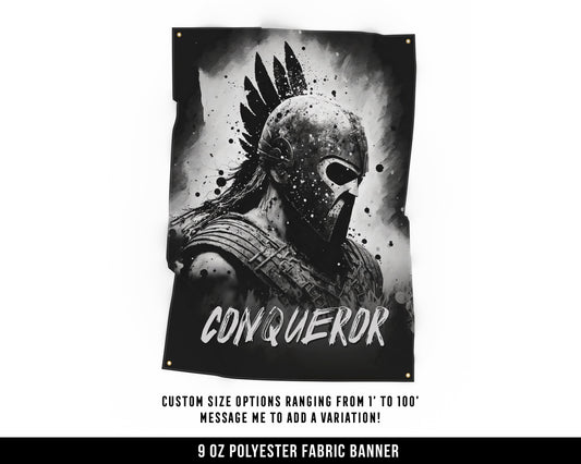 Conqueror Spartan Cloth Banner - Home Gym Decor - Large Wall Art Quote - Motivational Fitness Sign Flag