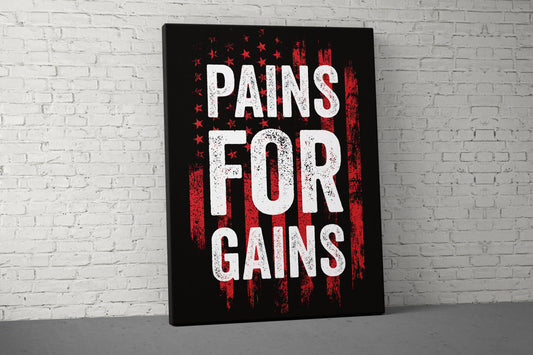 Pains For Gains Canvas - Home Gym Decor - Large Motivational Office Wall Art - Garage Basement - USA Red