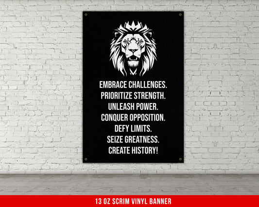 Embrace Challenges Banner - Home Gym Decor - Large Motivational Quote Wall Art - Weightlifting - Lion