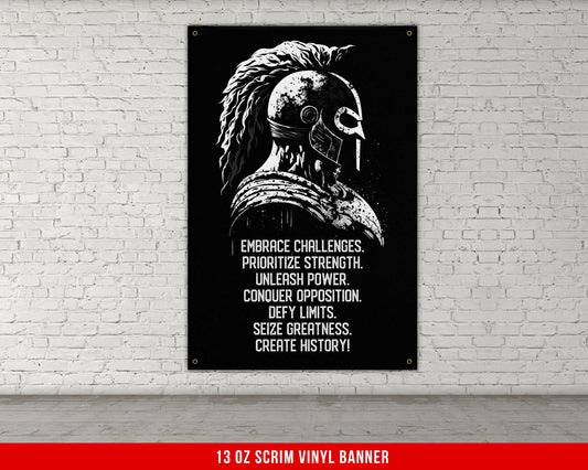 Embrace Challenges Banner - Home Gym Decor - Large Motivational Quote Wall Art - Weightlifting - Spartan