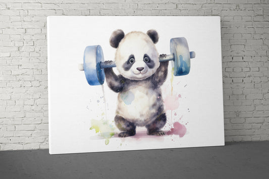 Panda Weights Canvas - Home Gym Decor - Large Motivational Quote Wall Art - Weightlifting Cute - V4