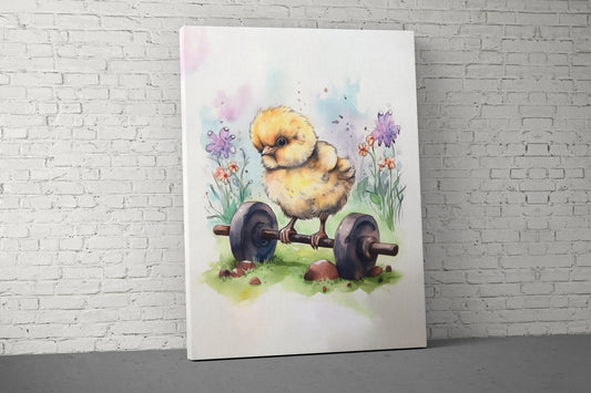 Baby Chick Weights Canvas - Home Gym Decor - Large Quote Wall Art - Weightlifting - Cute Funny - V5