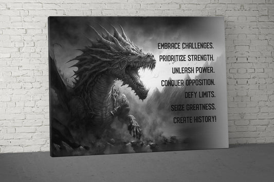 Embrace Challenges Canvas - Home Gym Decor - Large Motivational Quote Wall Art - Dragon