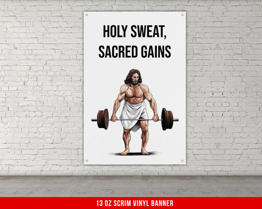 Holy Sweat Banner - Home Gym Decor - Large Motivational Quote Wall Art - Garage - Funny Jesus