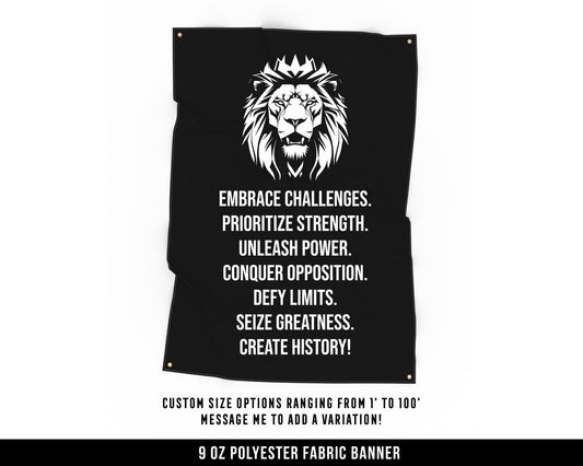 Embrace Challenges Cloth Banner - Motivational Home Gym Decor - Large Wall Art Quote - Lion