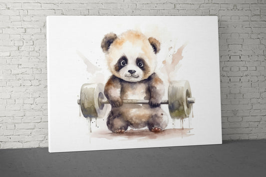 Panda Weights Canvas - Home Gym Decor - Large Motivational Quote Wall Art - Weightlifting Cute - V5