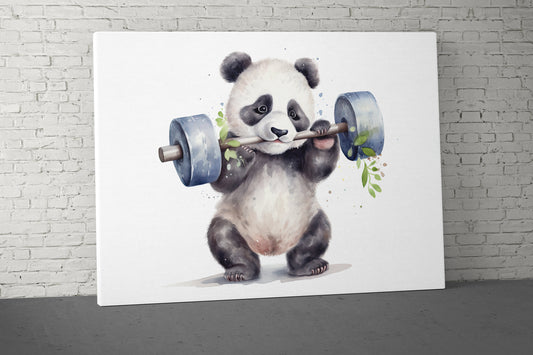 Panda Weights Canvas - Home Gym Decor - Large Motivational Quote Wall Art - Weightlifting Cute - V3