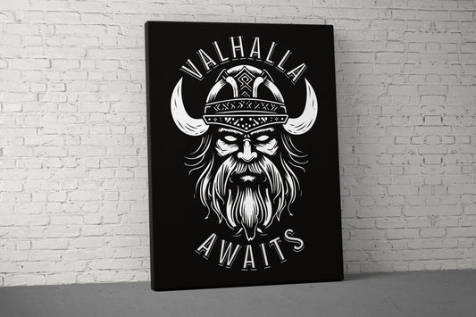 Valhalla Awaits Canvas - Home Gym Decor - Large Quote Wall Art - Weightlifting Fitness - Viking