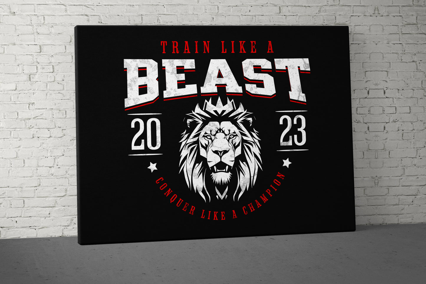 Train Like A Beast Canvas - Home Gym Decor - Large Motivational Quote Wall Art - Weightlifting Fitness - Lion